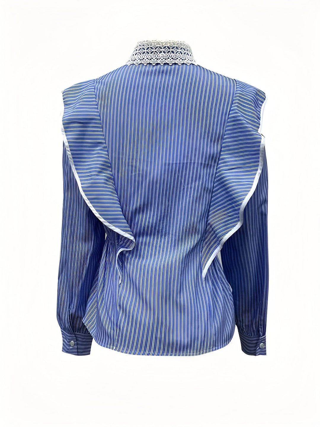 Elegant randig damskjorta med volangdetaljer, långärmad och stilren för mode.