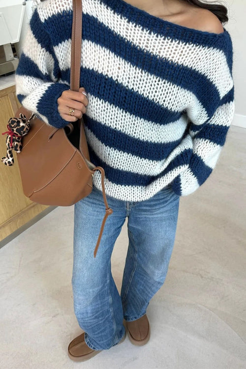 Hopvikt randig damtröja, pullover med drop shoulder, ett mångsidigt och bekvämt lagerplagg.