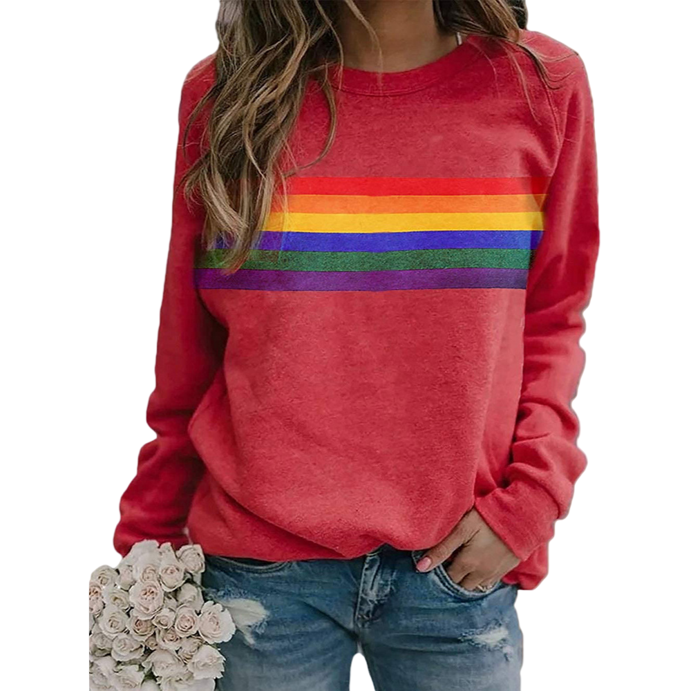 Dam regnbågsrandig pullover, långärmad tröja i bekväm stickning, färgstark och avslappnad stil för kvinnor.