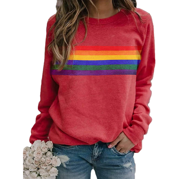 Dam regnbågsrandig pullover, långärmad tröja i bekväm stickning, färgstark och avslappnad stil för kvinnor.