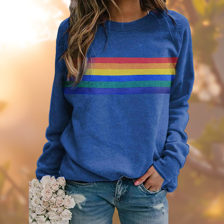 Bekväm dam pullover med regnbågsränder, långärmad tröja. Perfekt för avslappnade färgstarka damkläder.