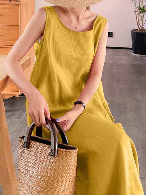 Kvinnors mode: ärmlös klänning, rund hals, lös passform. Bekväm och elegant sommarstil.