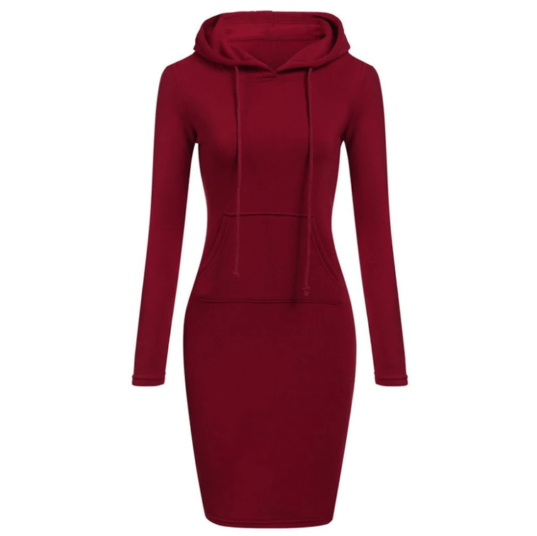 Dam Slim Fit huvtröjeklänning, mysig och elegant vardagsstil. Knälång pulloverklänning.