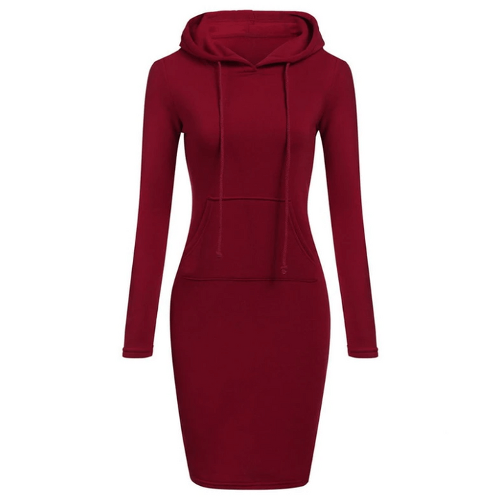 Dam Slim Fit huvtröjeklänning, mysig och elegant vardagsstil. Knälång pulloverklänning.