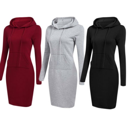 Slim fit huvtröjeklänning för dam, med huva & ficka. Modern, knälång hoodieklänning.