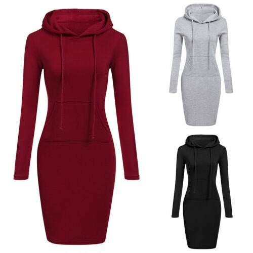 Varm dam huvtröjeklänning i slim fit, perfekt höst- & vintermode. Mysig pulloverklänning.