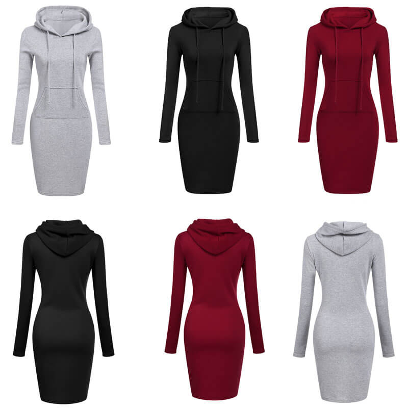 Dam hoodieklänning i slim fit, knälång med praktisk ficka. Elegant och bekväm vardagsklänning.