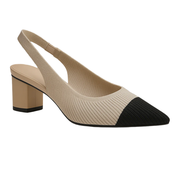 Dam slingback skor, spetsig tå, stabil låg blockklack, stickad stil. Elegant & komfortabel.