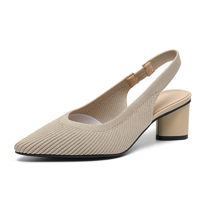 Mångsidiga damskor: stickade slingback, spetsig tå, låg blockklack. Passar vår, sommar, fest, vardag.