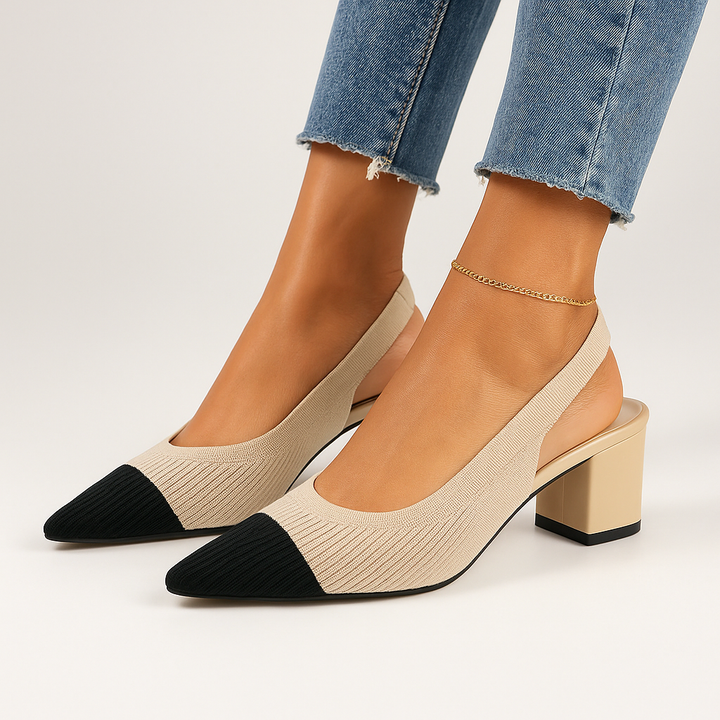 Eleganta damskor: slingback med spetsig tå, stickad design, låg klack. Perfekt för fest/vardag.