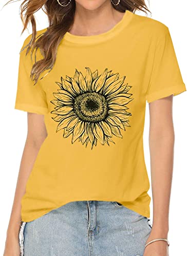 Dam Solros T-shirt, platt liggande produktbild. Vit kortärmad topp med stort, färgglatt solrostryck.