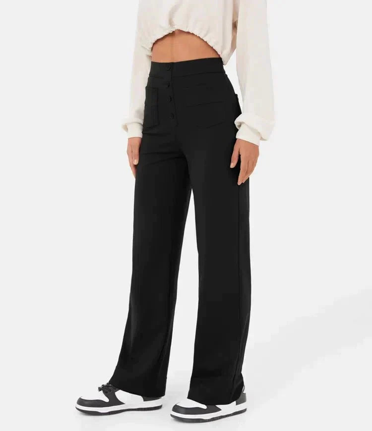 Fritidsbyxor dam, högmidjade och elastiska, perfekta för en avslappnad look.