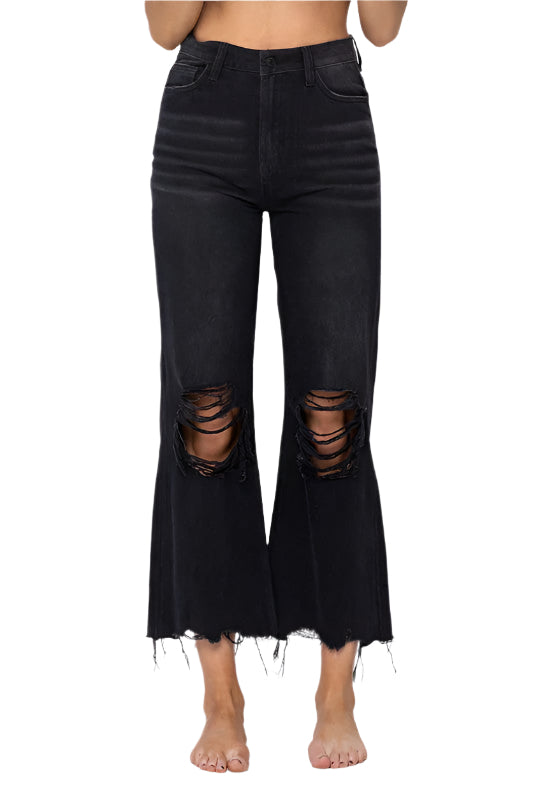 Dam Svarta Cropped Flare Jeans i vintage stil, perfekt för höst- och vårmode.