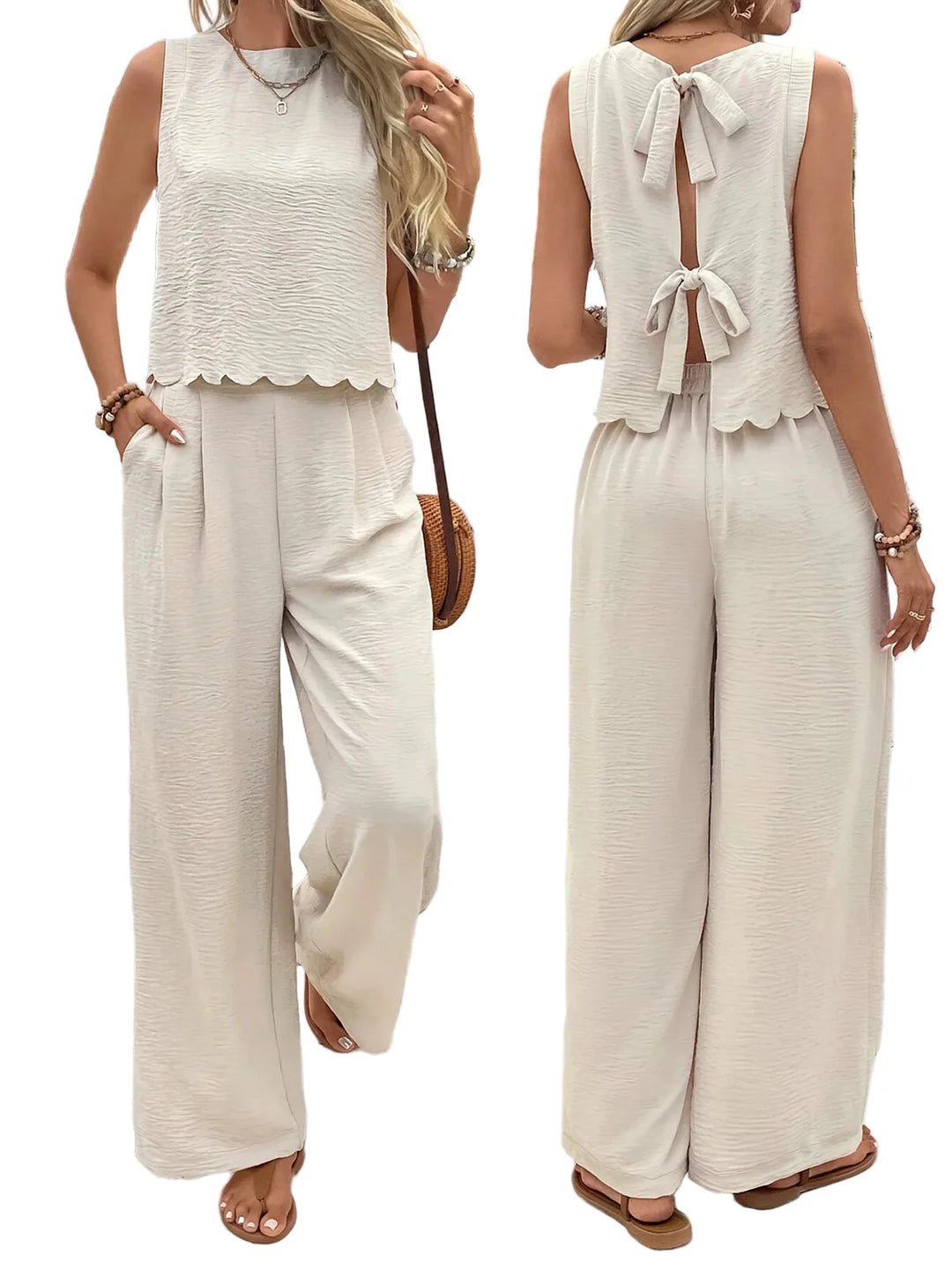 Bekvämt damset med ärmlös topp och matchande lediga byxor, perfekt sommaroutfit.