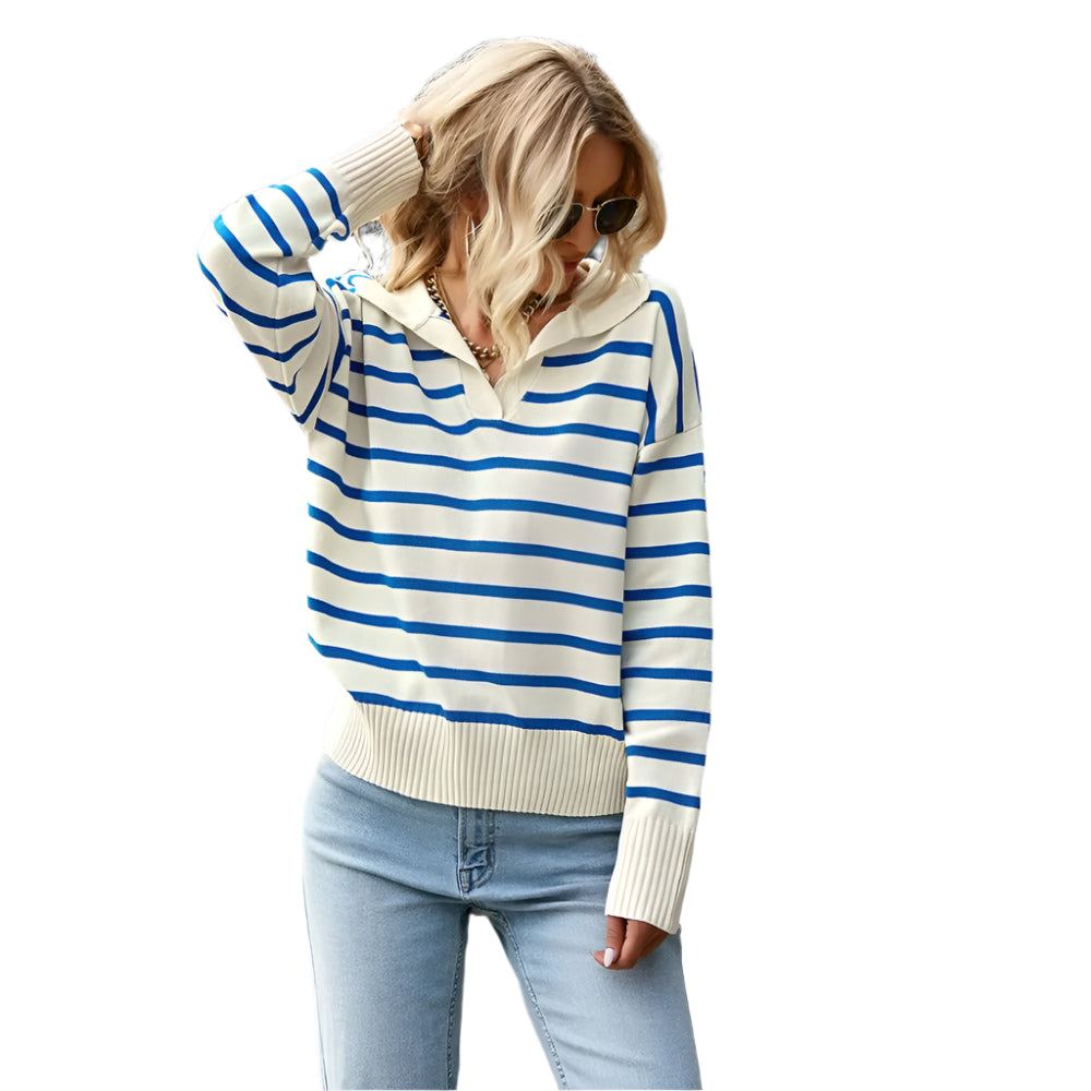 Dam v-ringad randig tröja i bekväm stickning, perfekt för stilrena vardags- och kontorsoutfits.