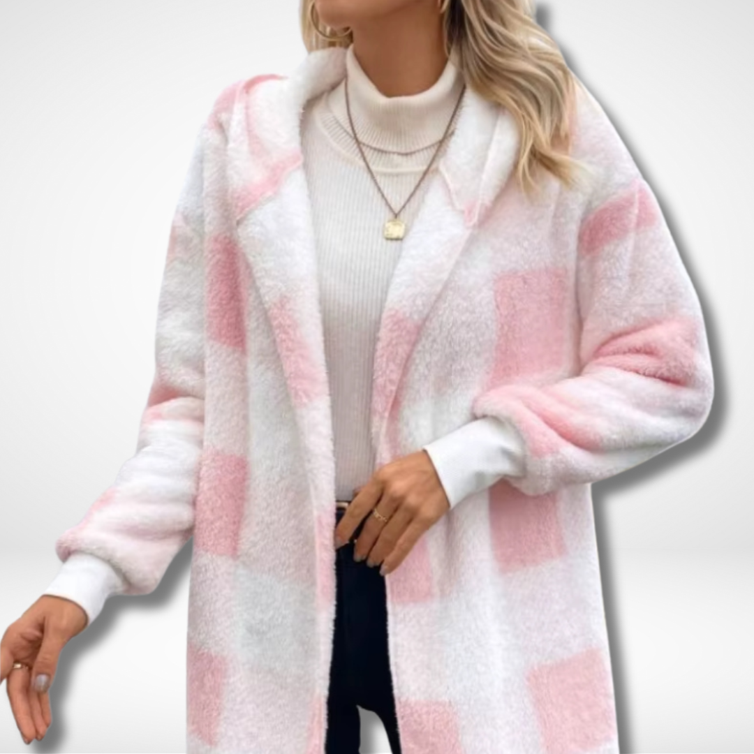 Elegant rutig damkofta: Vattentät cardigan i bekvämt material, redo för alla väder. Höst- och vårkläder.