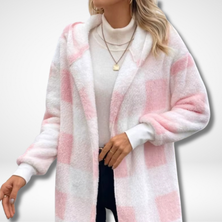Elegant rutig damkofta: Vattentät cardigan i bekvämt material, redo för alla väder. Höst- och vårkläder.