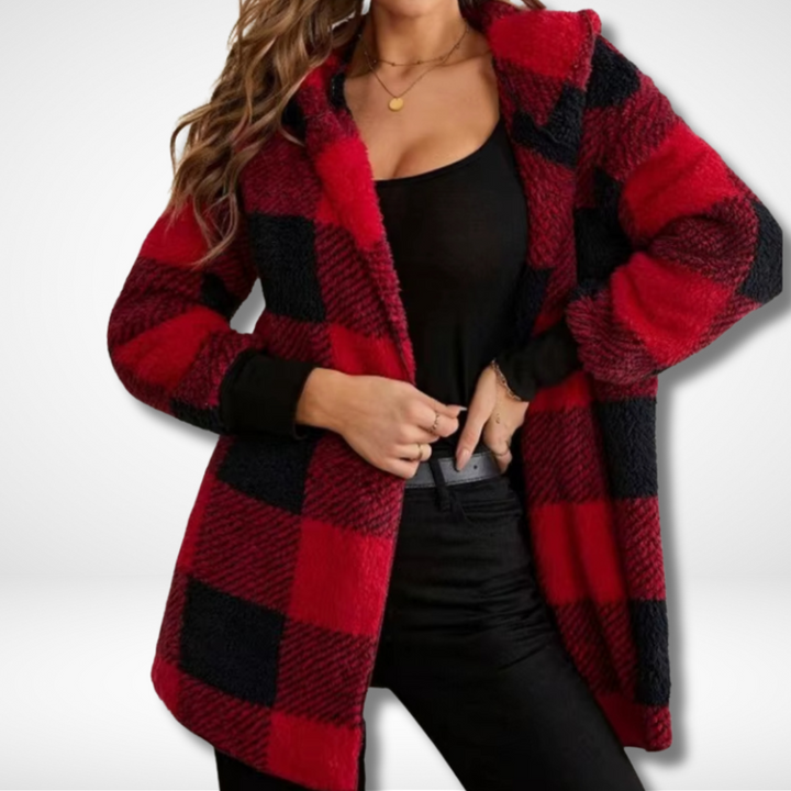 Vårkläder: Vattentät damkofta: Lång rutig cardigan för en stilren och bekväm look. Mode för kvinnor.