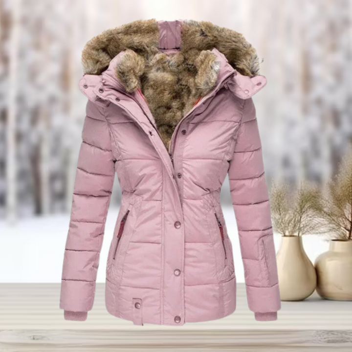 Varm & bekväm damjacka för höst och vinter. Elegant design med pälskrage, perfekt för kallt väder.