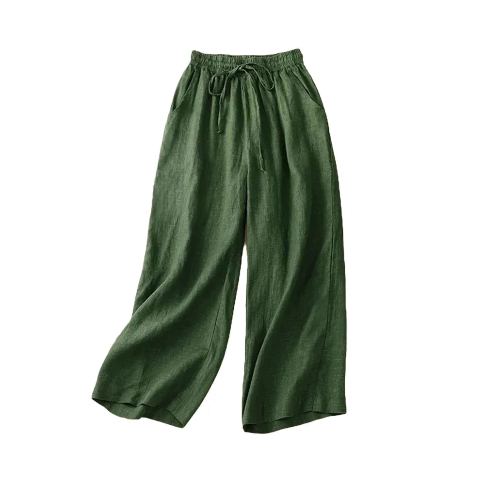 Lätta, ankellånga dambyxor med elastisk hög midja och vida ben, bekväma för vardagsbruk.