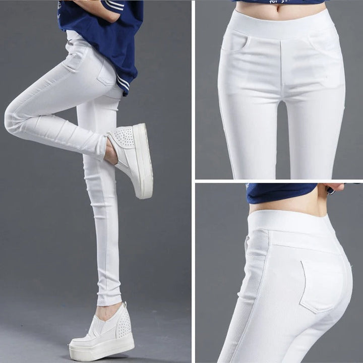 Baksida av dambyxor slim fit, stretchmaterial med god passform, bekväma kvinnokläder.