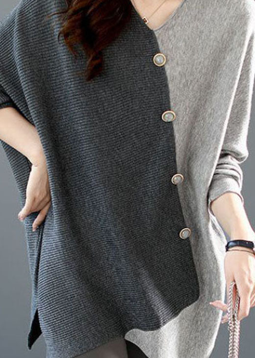 Trendig asymmetrisk damtröja i grått med patchwork. Komfortabel & mångsidig för vardag och casual look.