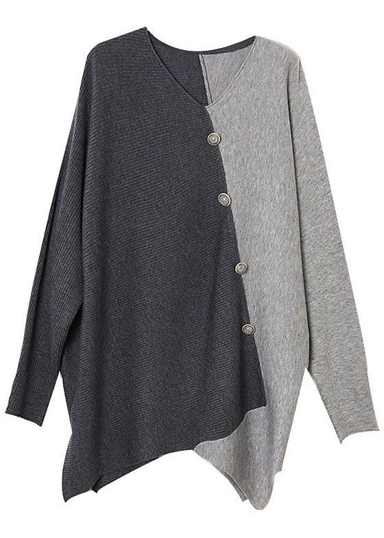 Modern grå asymmetrisk tröja för dam. Patchwork design ger unik stil & bekväm känsla för vinter.