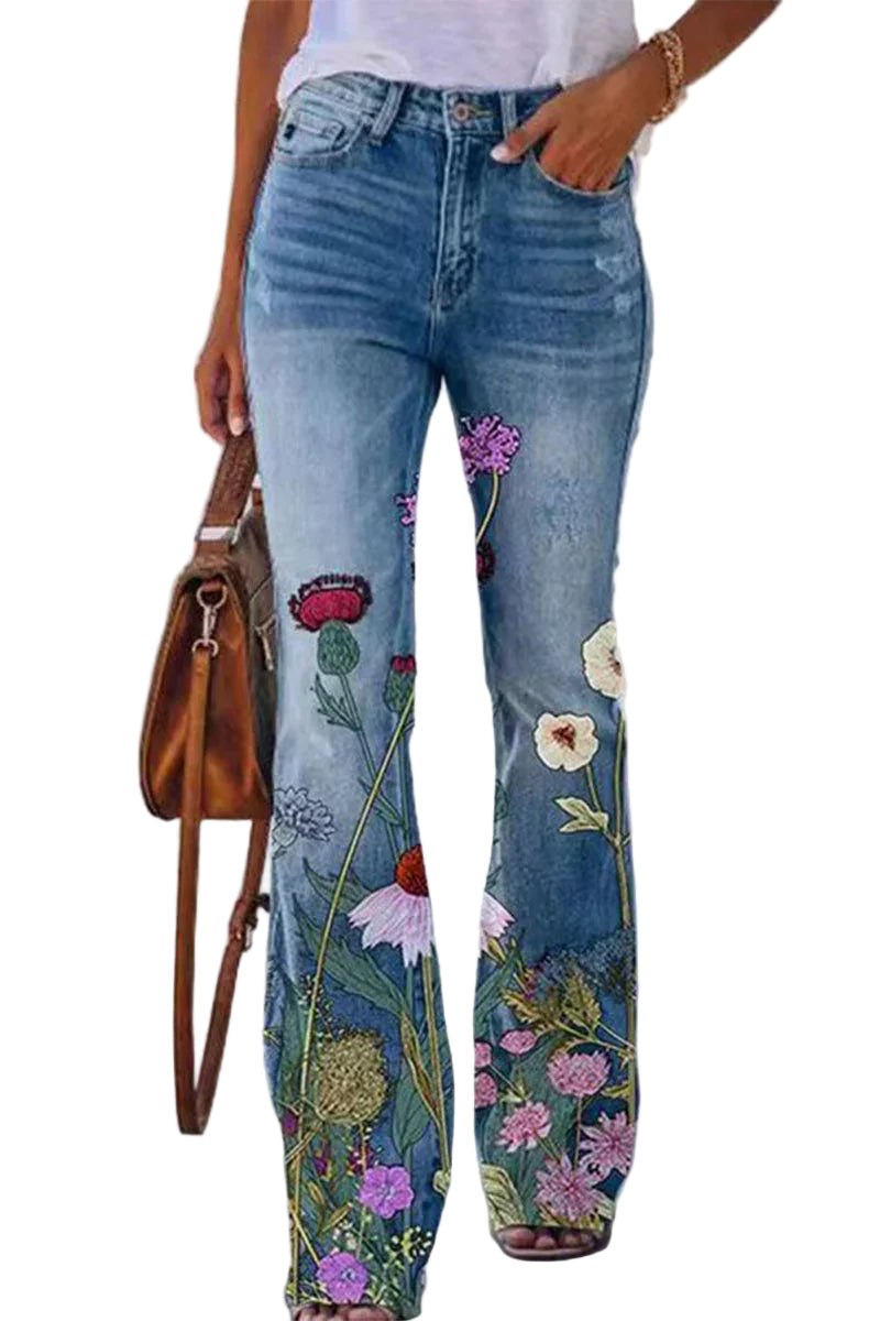Damer jeans i mörk tvätt med broderad blommig fickdetalj