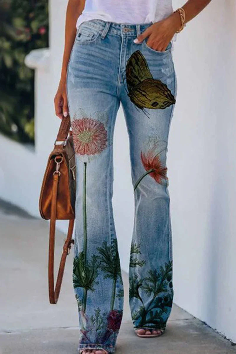 Bekväma jeans för dam med lätt stretch och unik blommig ficka