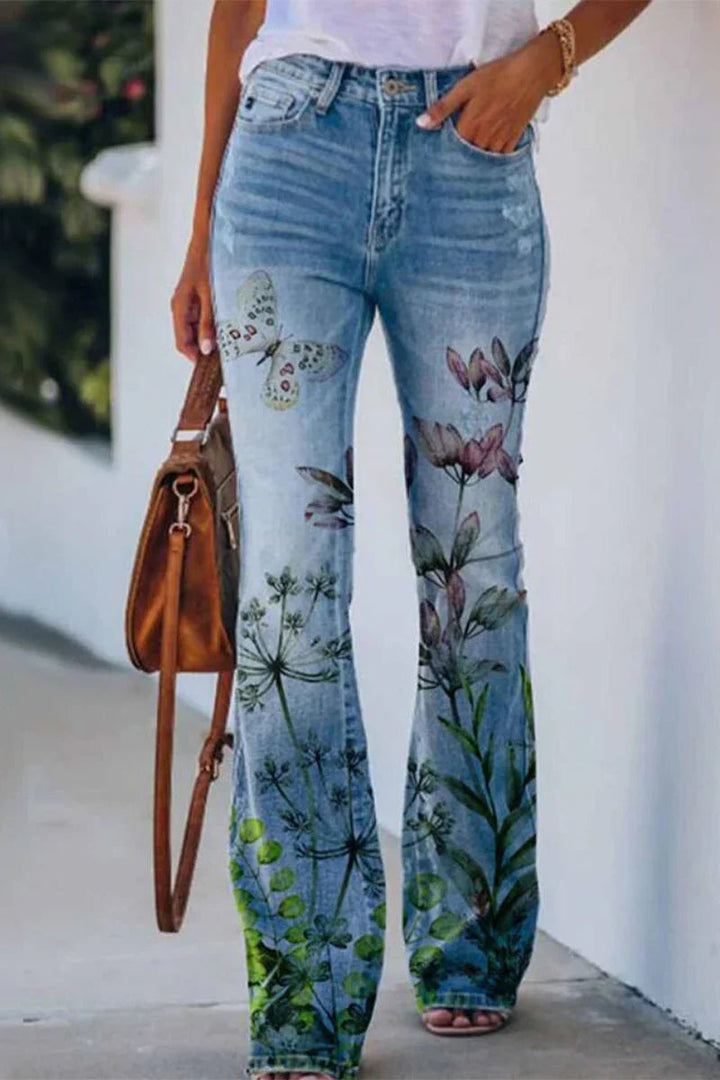 Snygga dam jeans som kombinerar stil och komfort med blommig ficka