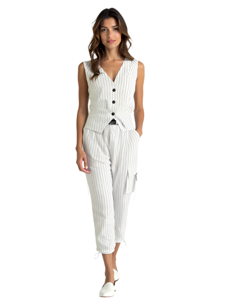 Damer randigt 2-delat set med trendig gilet & matchande byxor för en elegant vardagslook.