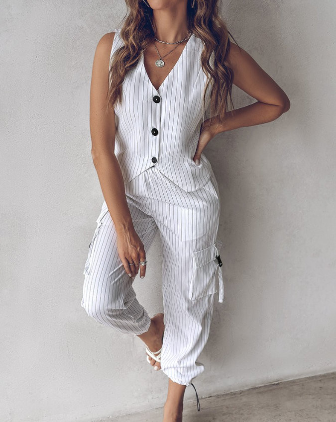 Vår-sommar randigt 2-delat set för damer, med gilet och byxor för en chic & bekväm stil.