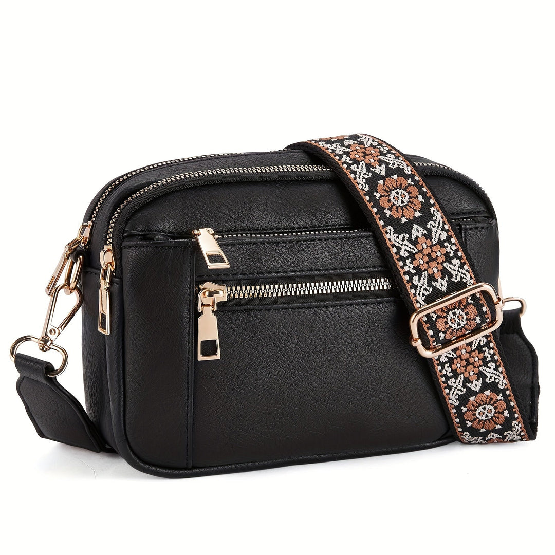 Snygg axelväska i läderlook med justerbar rem, damernas crossbody i bohostil, modeaccessoar.