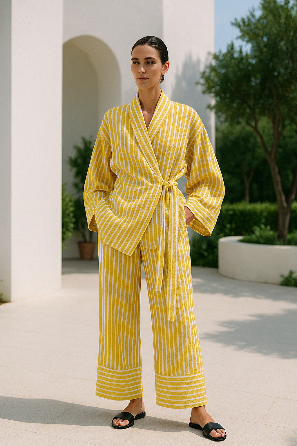 Randigt tvådelat dam lounge set, oversized och mjukt. Idealisk hemmaklädsel för avkoppling hemma.