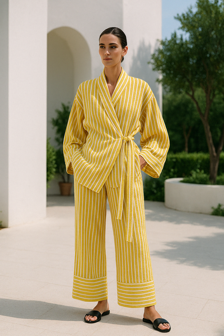 Randigt tvådelat dam lounge set, oversized och mjukt. Idealisk hemmaklädsel för avkoppling hemma.