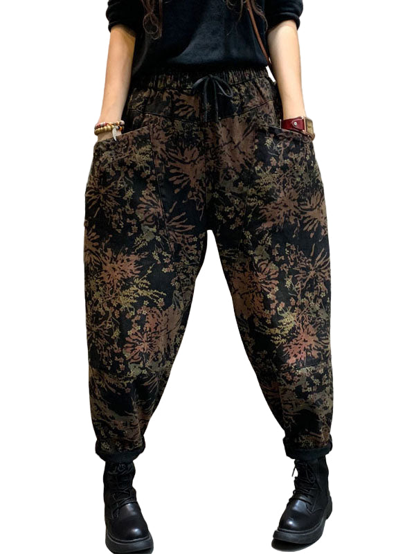 Damernas mönstrade cinched jeans med elastisk midja