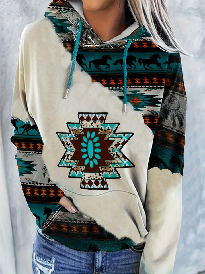 Mönstrad damhoodie med aztekiskt tryck. Långärmad huvtröja i rött, vitt, brunt, perfekt för casual stil.