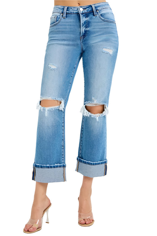 Damers raka jeans i denim med mellanhög midja och snygg uppvikt fåll, perfekt för vardagsbruk.