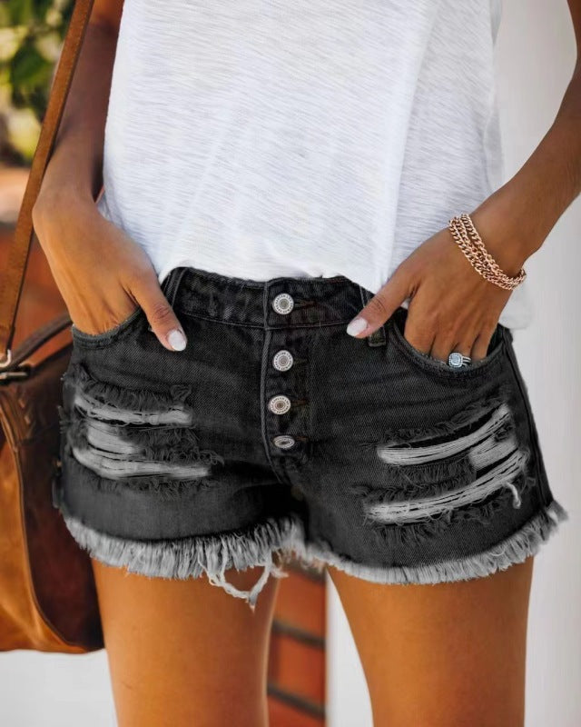 Bekväma damshorts i rivna denimstil med medelhög midja. En snygg sommarfavorit för kvinnor.