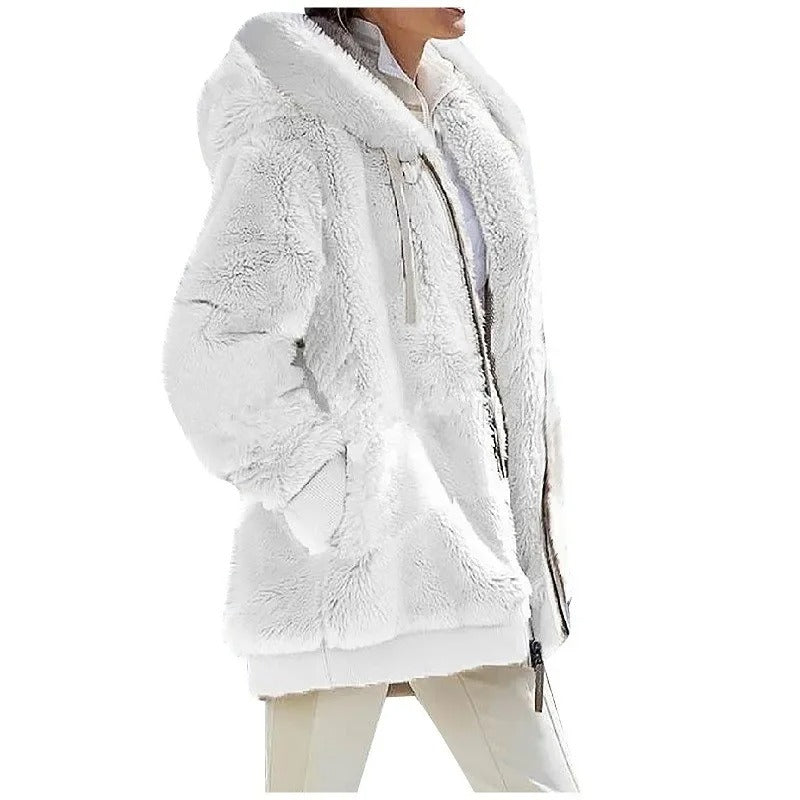 Bekväm damjacka i fleece med huva i beige med dragkedja, idealisk som ytterplagg