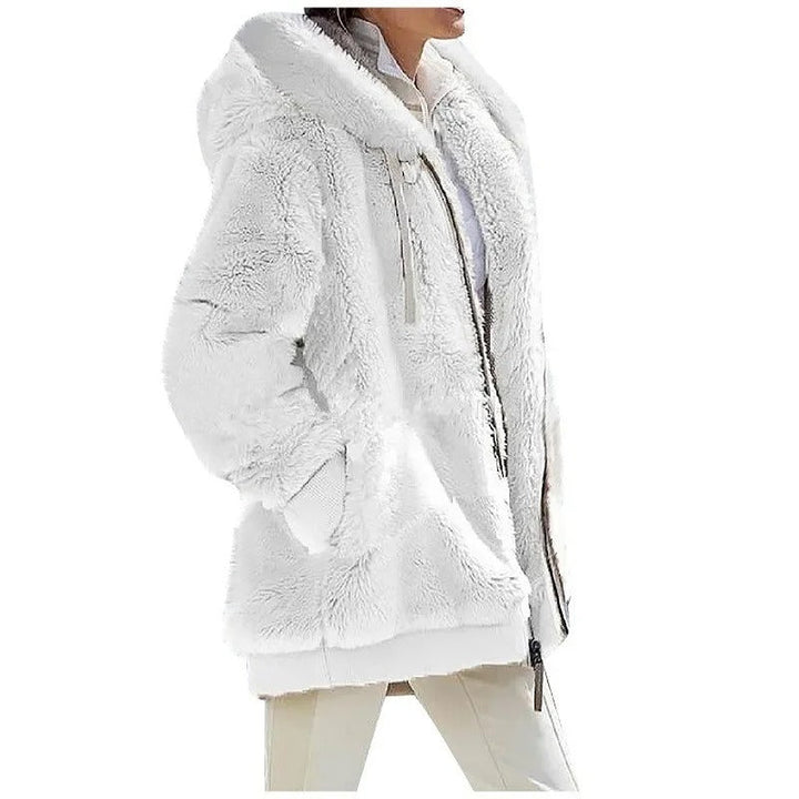 Bekväm damjacka i fleece med huva i beige med dragkedja, idealisk som ytterplagg