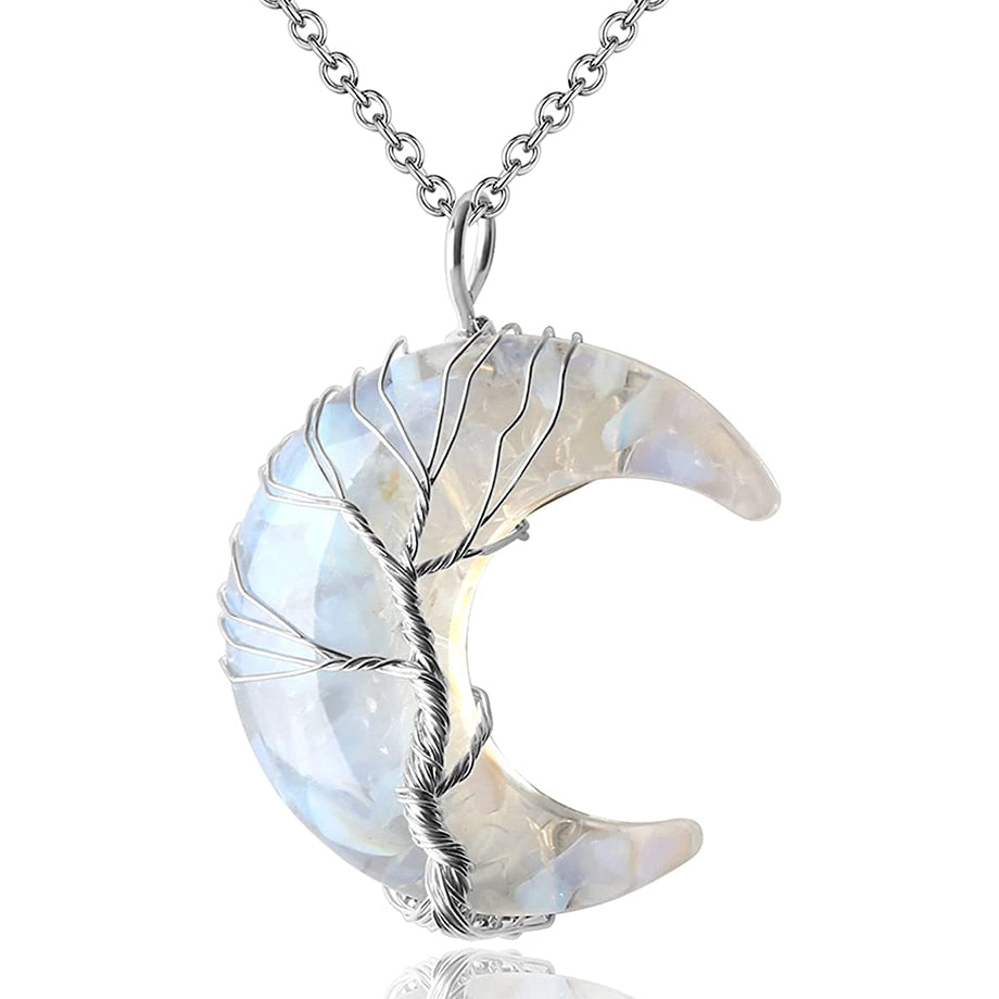 Elegant damhalsband med Livets träd och halvmåne, prytt med olika naturstenar, perfekt presenttips.