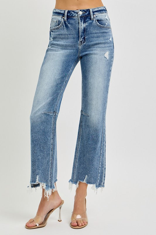 Kvinnors distressed jeans av bomull med hög midja och raka ben, bekväma för vardagsmode