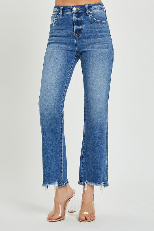 Bekväma jeans för kvinnor, mörk denim med hög midja och raka ben, mångsidiga vårkläder.