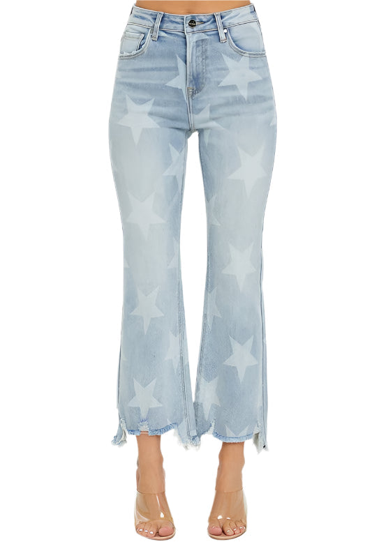Damjeans med stjärnmönster, hög midja, raka ben i ljus denim, perfekt för vardagsstil och bekvämlighet.