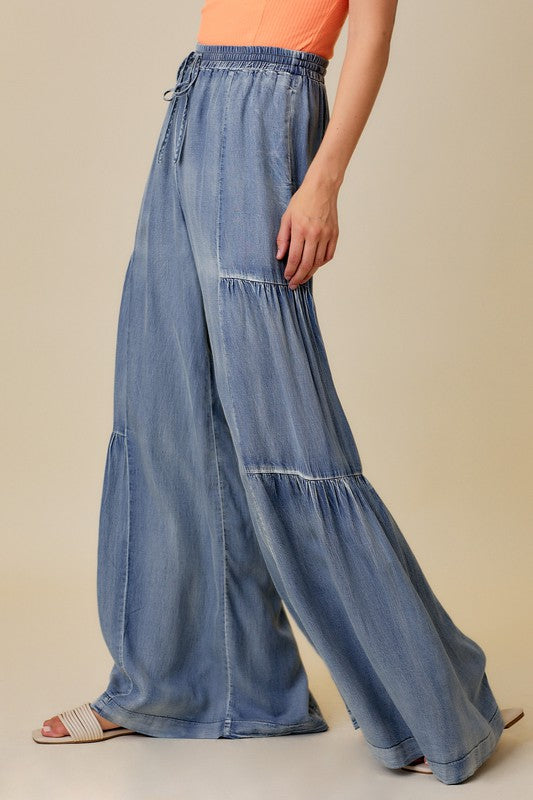 Närbild på de unika volangdetaljerna på fållen av ett par vida damdenimbyxor i klassisk jeansstil