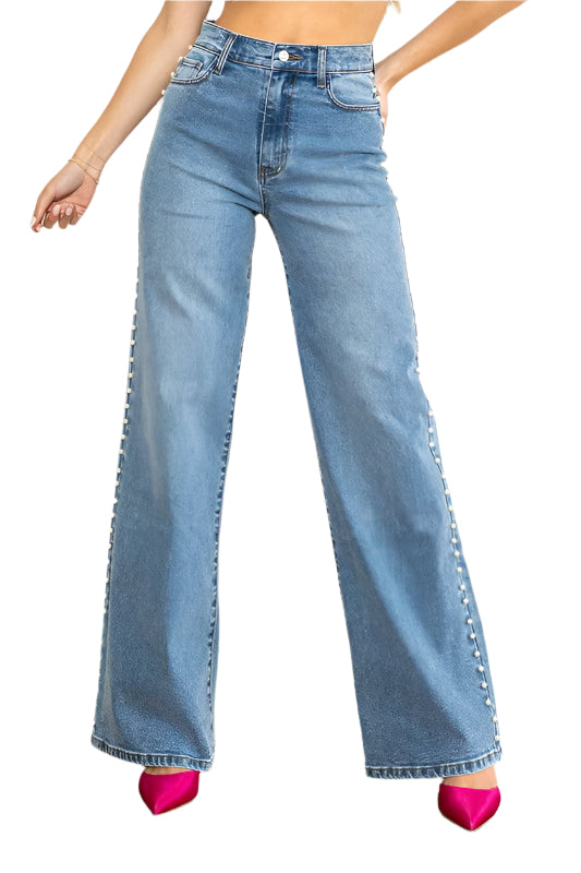 Damjeans Medium Stone med hög midja och vida ben, perfekt för vardagsstil i bomullsdenim.