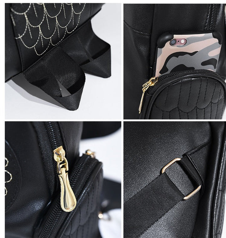 Elegant PU-läderryggsäck för dam med unikt uggletryck, en modeaccessoar.