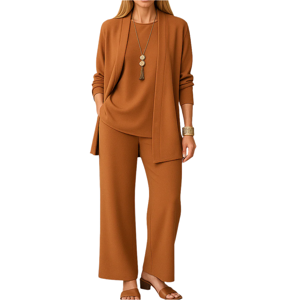 Damset: lång kofta & vida byxor i mjukt tyg i beige, framifrån, för en bekväm casual stil