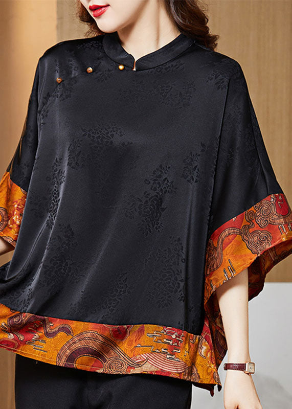 Modeblus i sidenblandning, asymmetrisk skärning och chic mandarinkrage
